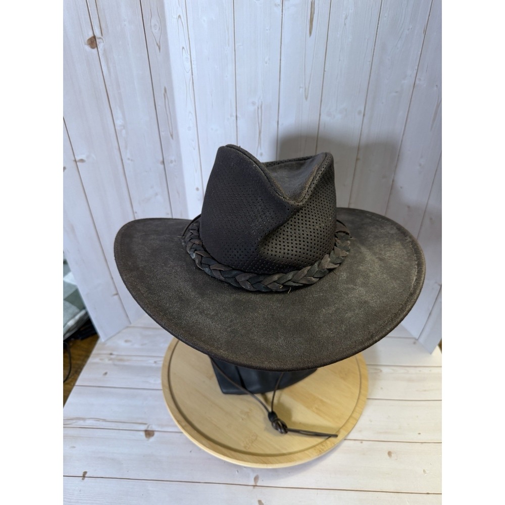 Western Minnetonka The Fold Up Hat Brown Leather Waxed Feel Airflow Size Medium